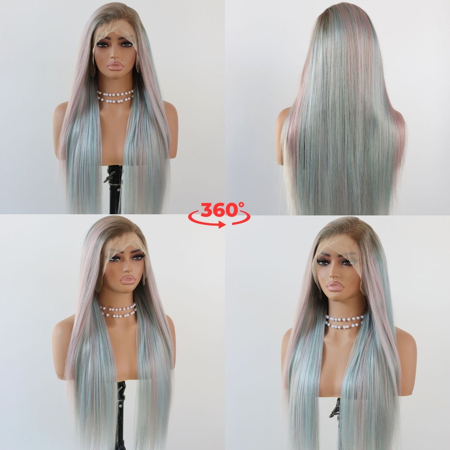 Pink Mint Green Mixed Color Straight Synthetic Lace Front Wig Ombre Brown Roots 13x4 Party Daily Use 28 Inches