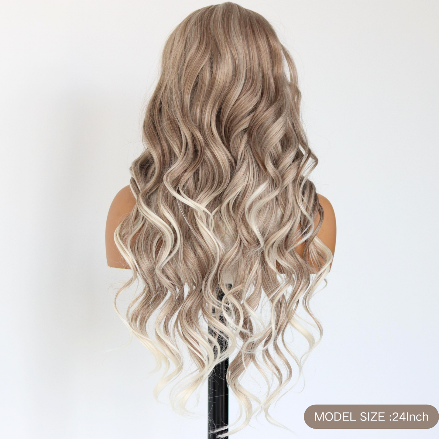 Ombre Blonde Wavy Synthetic Wig 13×4 Lace Front White Skunk Stripes Wave Wig Heat-resistant Synthetic Wig For Black Women Daily Party Wear(24Inch)