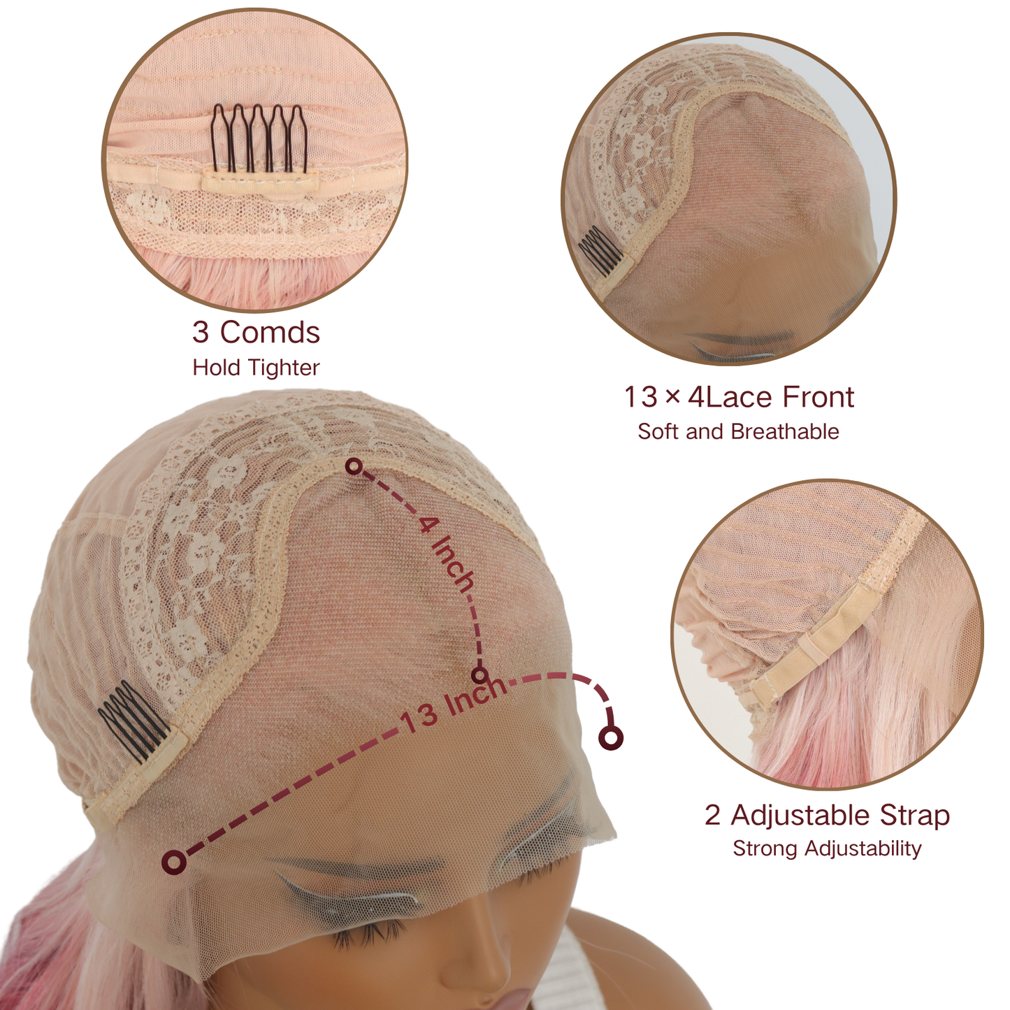 Ombre Pink Lace Front Wigs Long Body Wave Synthetic Wig Ombre Pink Wavy Synthetic Wigs with Light Blonde Roots For Women's Daily Party Wear(24Inch)