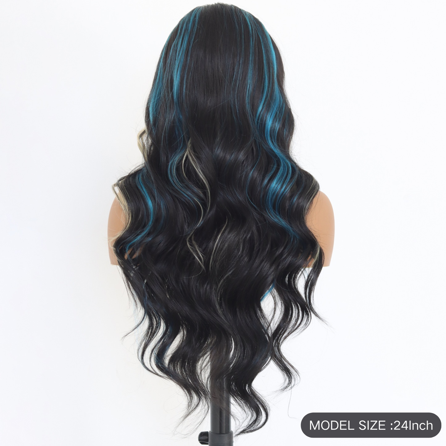 Highlight Blue Skunk Stripes Blonde Synthetic Lace Front Wigs Blue Blonde Highlights Wavy Wigs for Women Pre Plucked Hairline With 24 Inches 150 Density