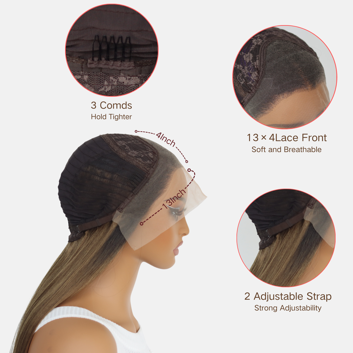 Ombre Brown Long Straight Synthetic Wig 13×4 Lace Front Wig Ombre Brown Glueless Heat-resistant Synthetic Wig Suitable For Daily Party Wedding Dates(24Inch)