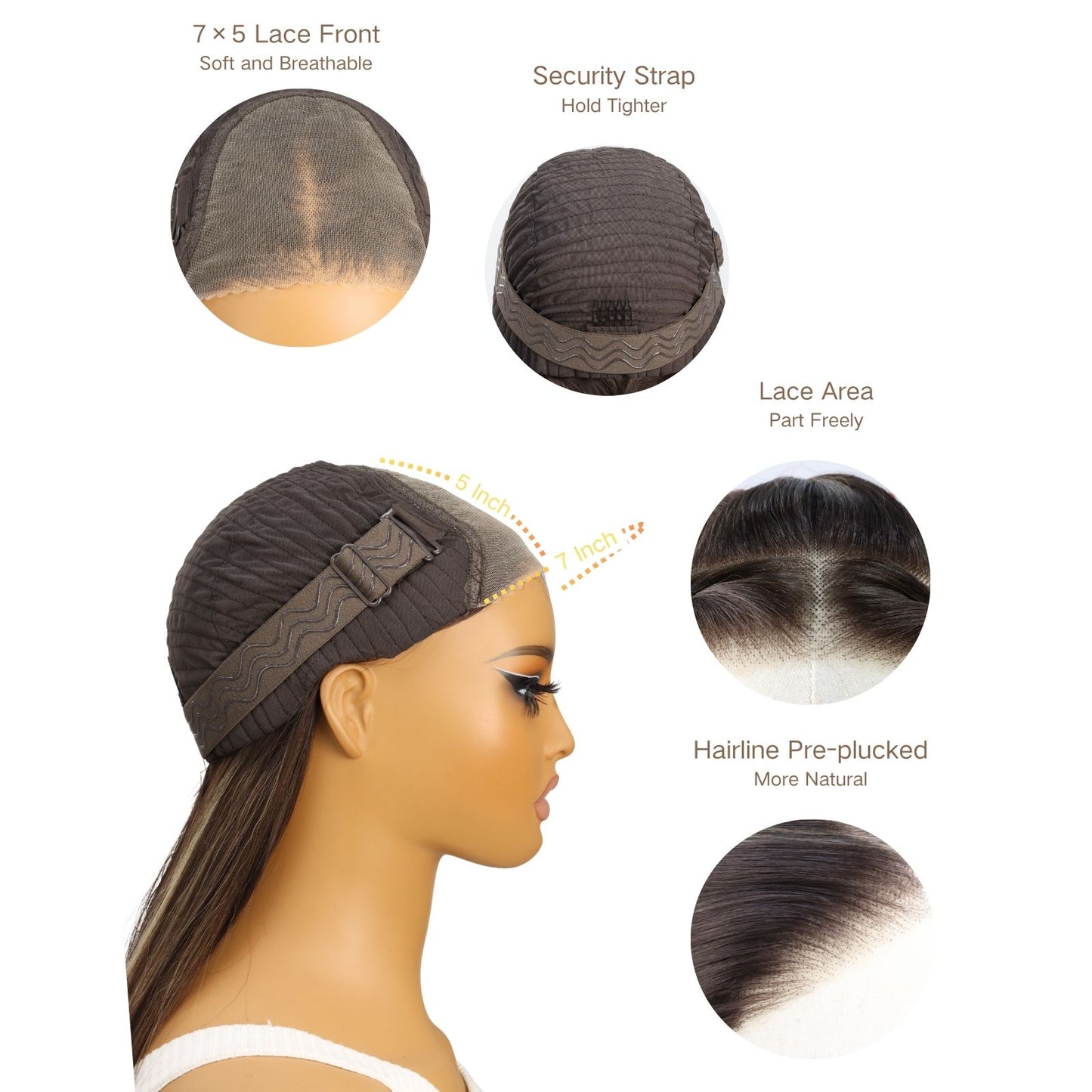 Reddish Brown Mix Blonde Highlight Natural Straight 24 inches 7X5 Pre Cuted Free Part Lace Front Women's Wig Heat Friendly