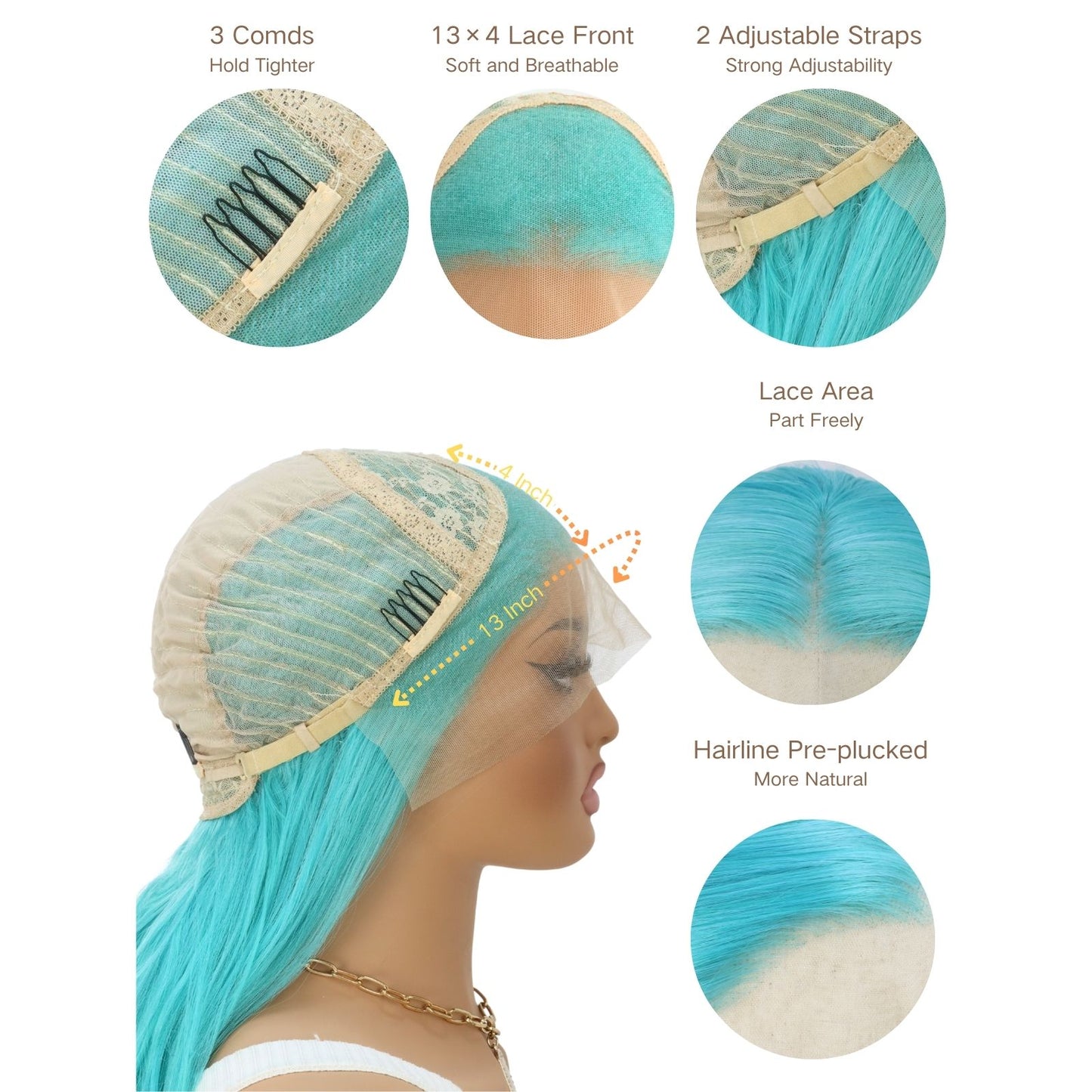 Turquoise Blue Long Body Wavy Synthetic Lace Front Wig 13x4 Pre-Plucked Hairline Free Part 24 Inches