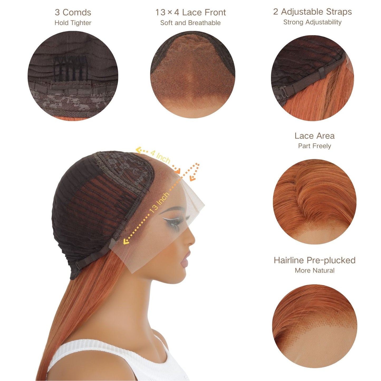 Copper Orange Straight Synthetic Lace Front Wig Ginger Orange Heat Resistant Pre Plucked Free Part 13x4 Party Daily Use 32 Inches