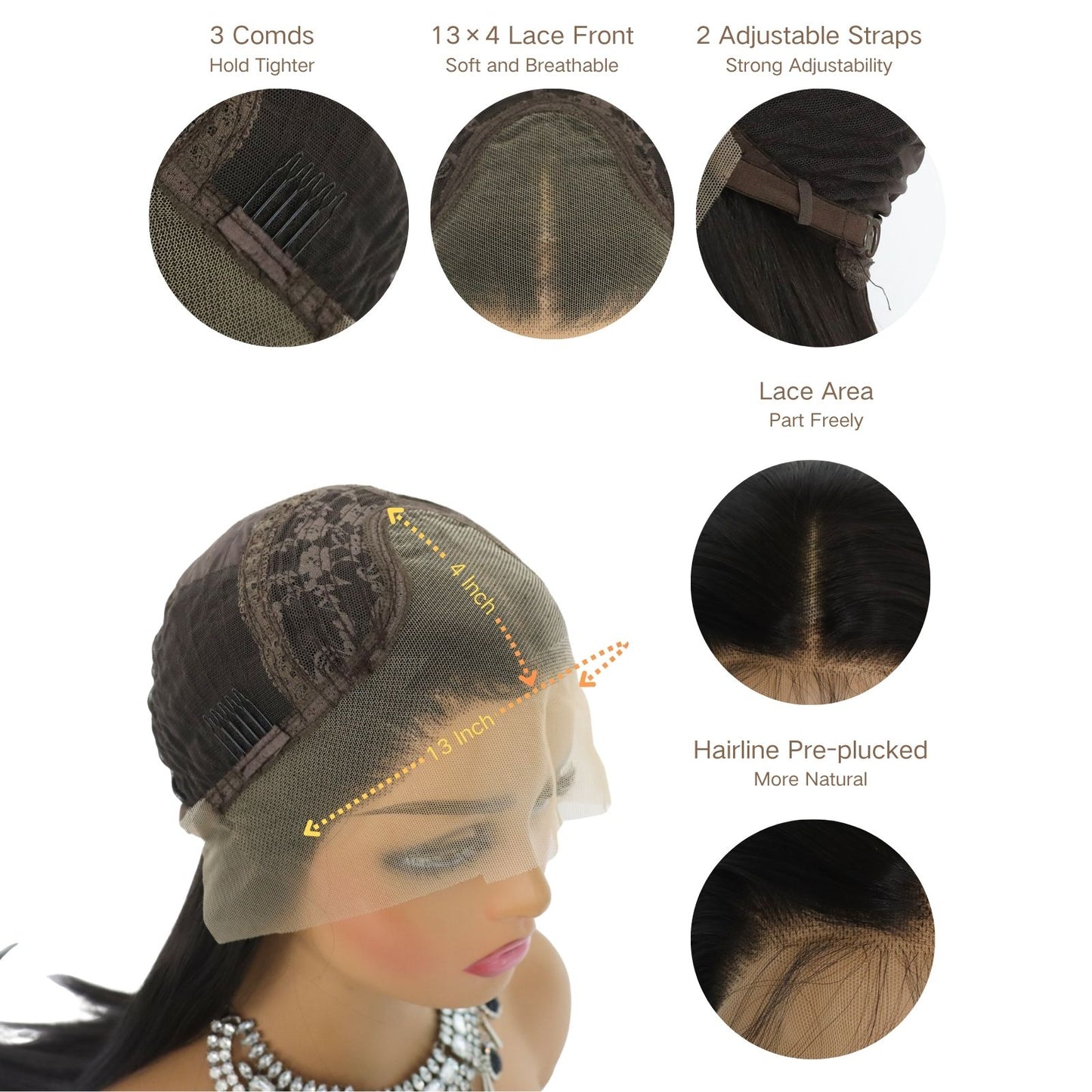 Silky Long Straight Black Synthetic Lace Front Wig with Free Part Pre Plucked 13X4 Heat Friendly 24 Inches