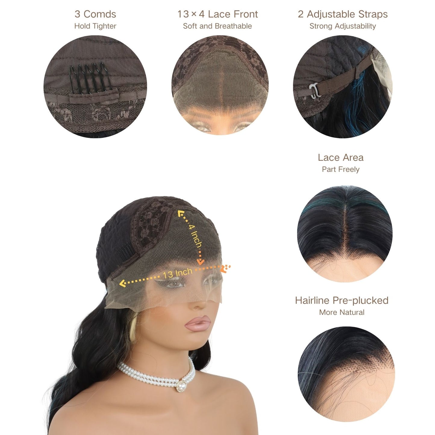 Blue & Blonde Highlights Black Body Wavy Synthetic Lace Front Wig Heat Resistant Pre Plucked 13x4 Party Daily Use 24 Inches