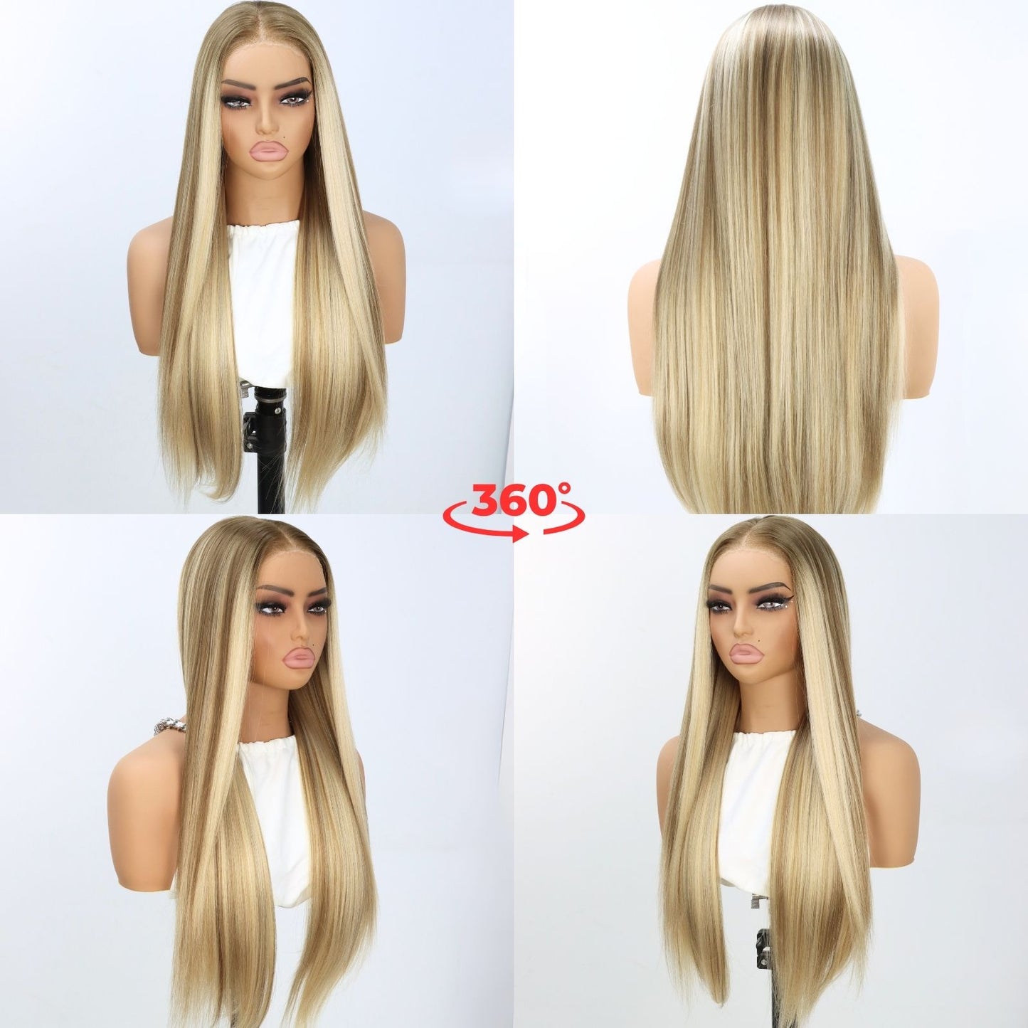 7x5 Lace Front Ombre Synthetic Wig Ash Blonde with Platinum Highlights Long Silky Straight Wig Heat-Resistant Pre Cut HD Transparent Free Part 24" for Party Daily Use