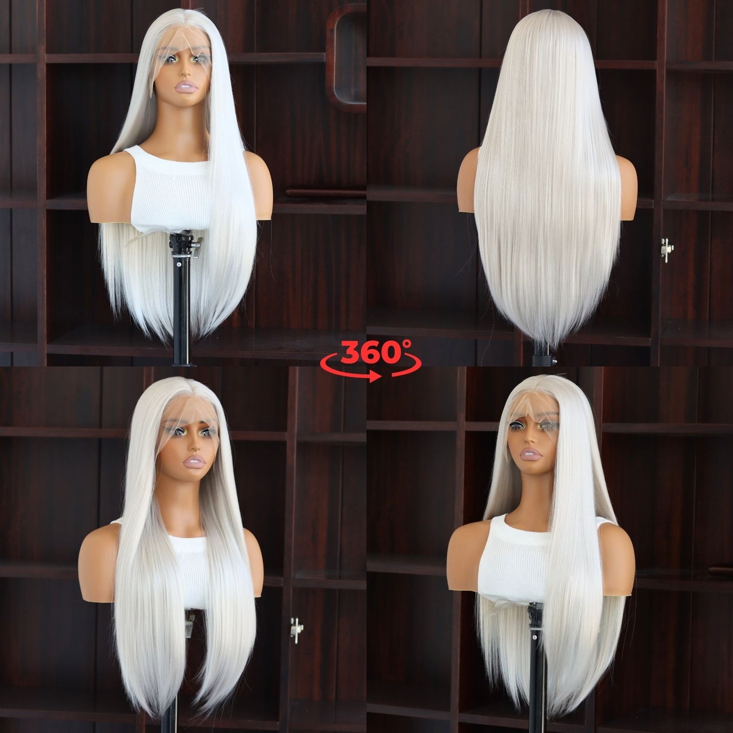 24 Inch Gray White Straight Lace Front Wig 13x4 HD Transparent Lace, Heat Resistant, Free Part, Pre-Plucked Natural Hairline Synthetic Hair
