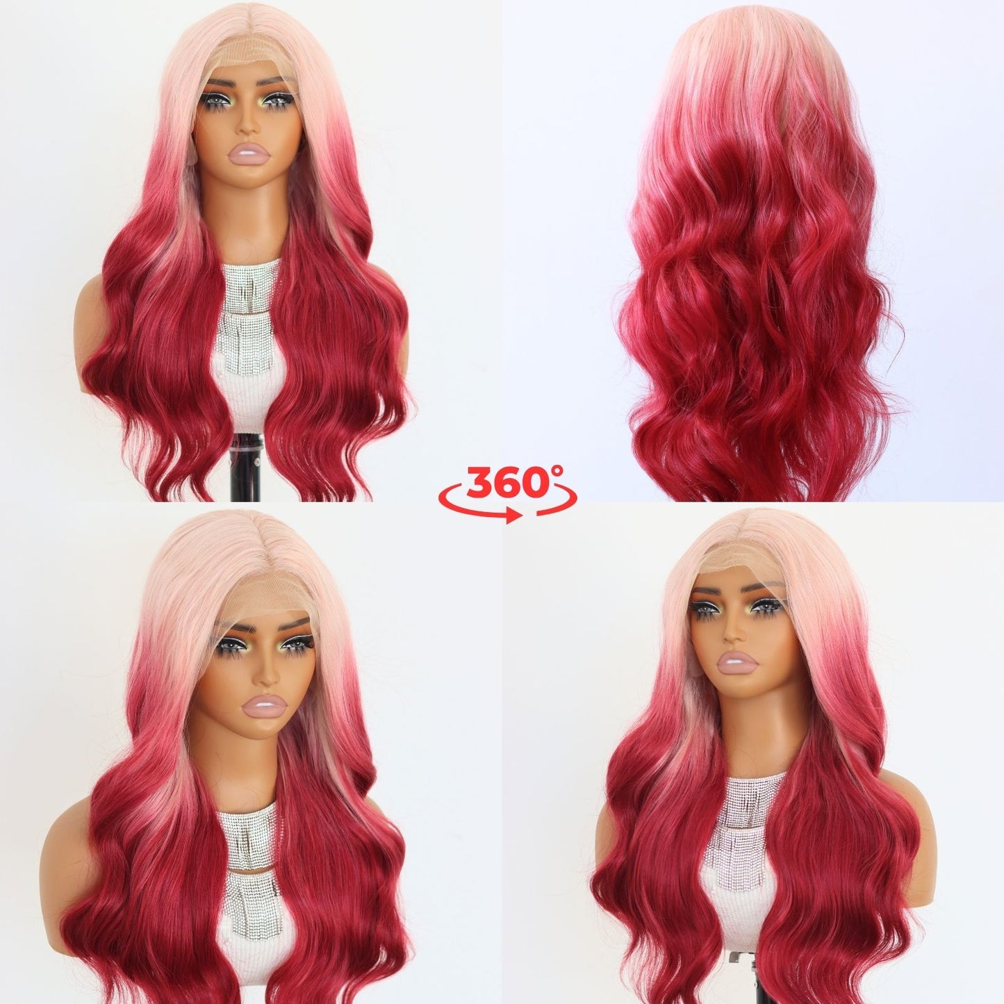 24 Inch Pink to Burgundy Ombre Wavy Synthetic Lace Front Wig Heat Resistant Fiber 13x4 Free Part Pre-Plucked Hairline Natural Look