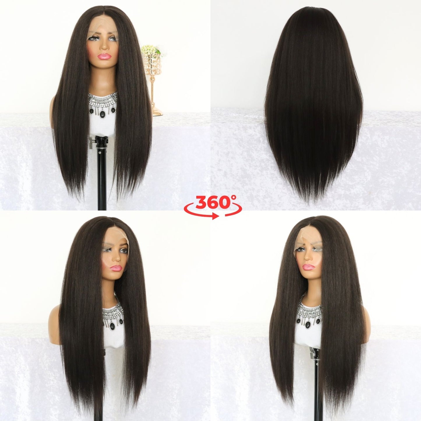 Long Yaki Straight Synthetic Lace Front Wig 13x4, 24" Black Heat-Resistant Fiber, Free Part, Natural Look