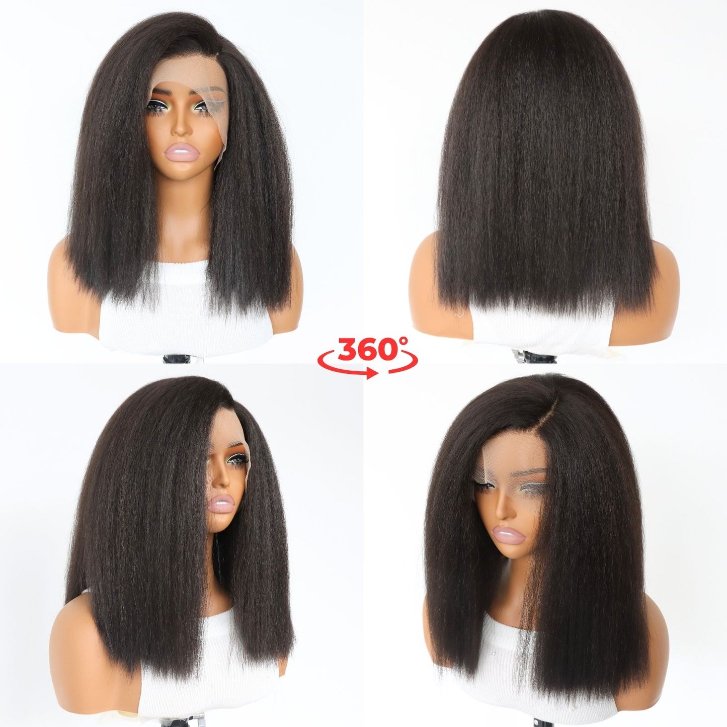 14 Inch Short Yaki Kinky Straight Lace Front Wig Dark Brown Heat-Resistant Synthetic Fiber HD Transparent Lace with 5" Deep Side Part