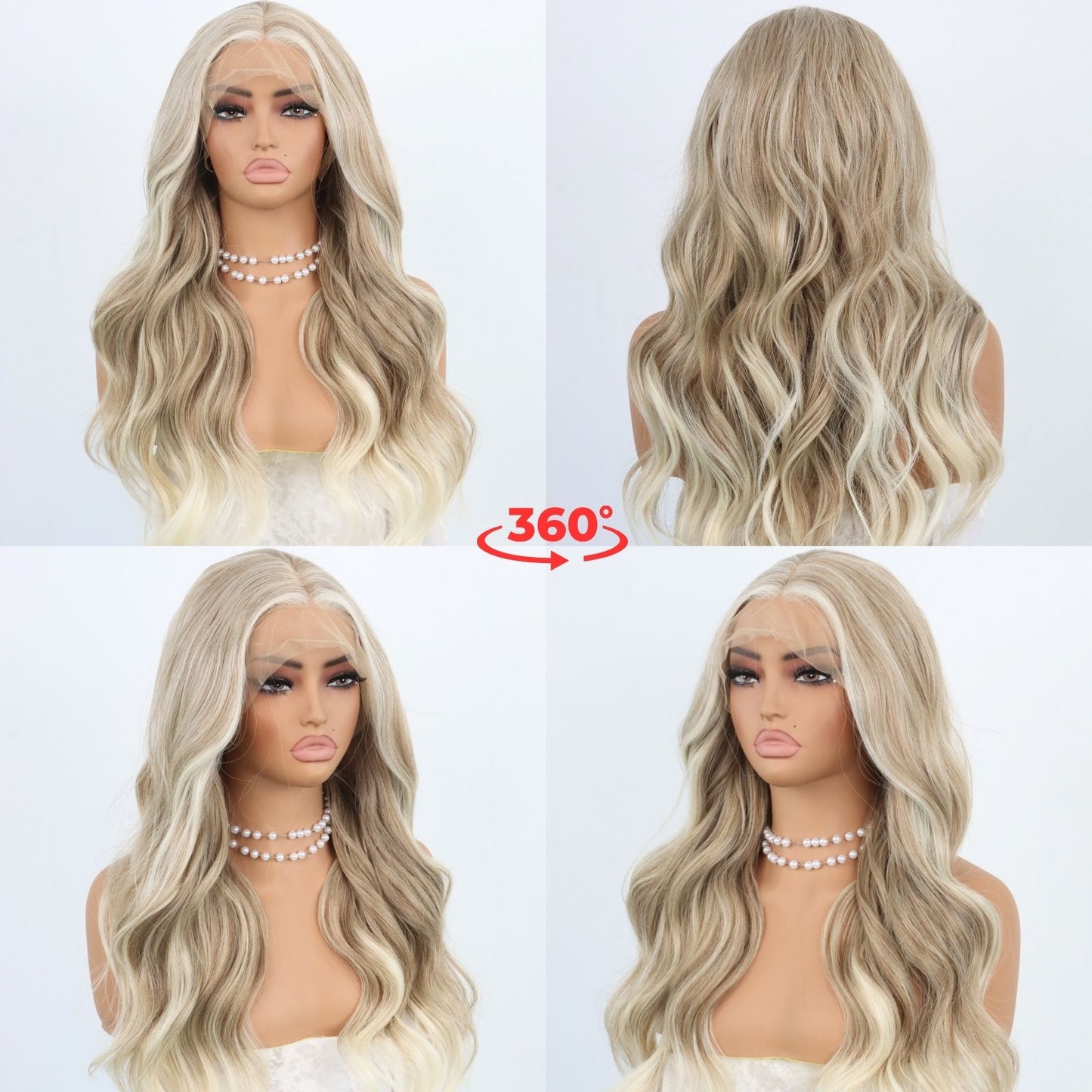 24 Inch Blonde Ombre Highlight Beige Brown Wavy Lace Front Wig 13x4 Free Part Heat Resistant Synthetic Hair, Natural Look