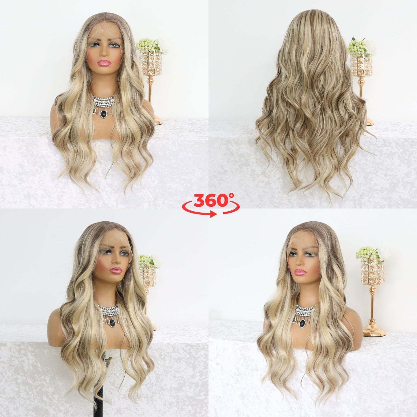 Ash Blonde Ombre Highlight Wavy Synthetic Lace Front Wig, Heat Resistant Fiber, 13x4 Free Part, Pre-Plucked Hairline Natural Look 24-Inch