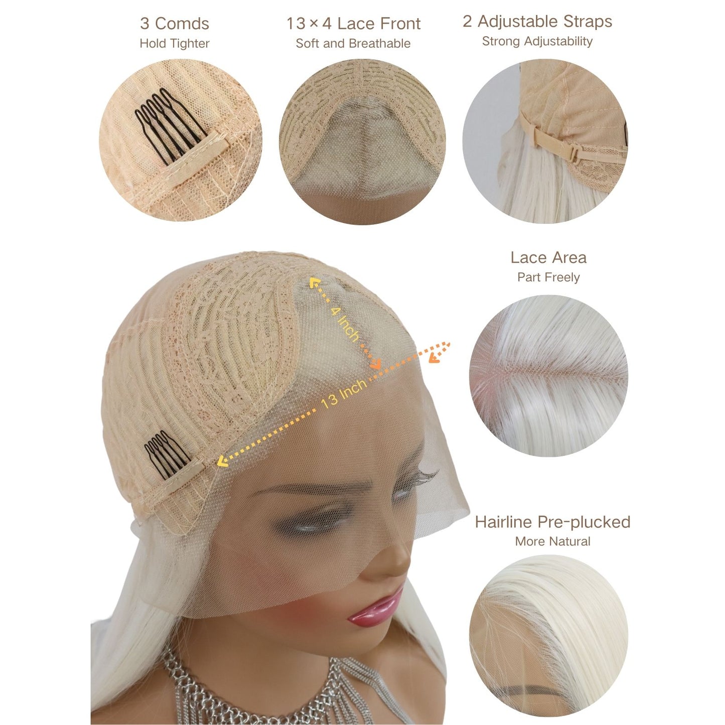 Cream White Lace Front Synthetic Wig 28" Straight Heat Resistant Fiber 13x4 HD Transparent Lace Free Part for Women Daily Use
