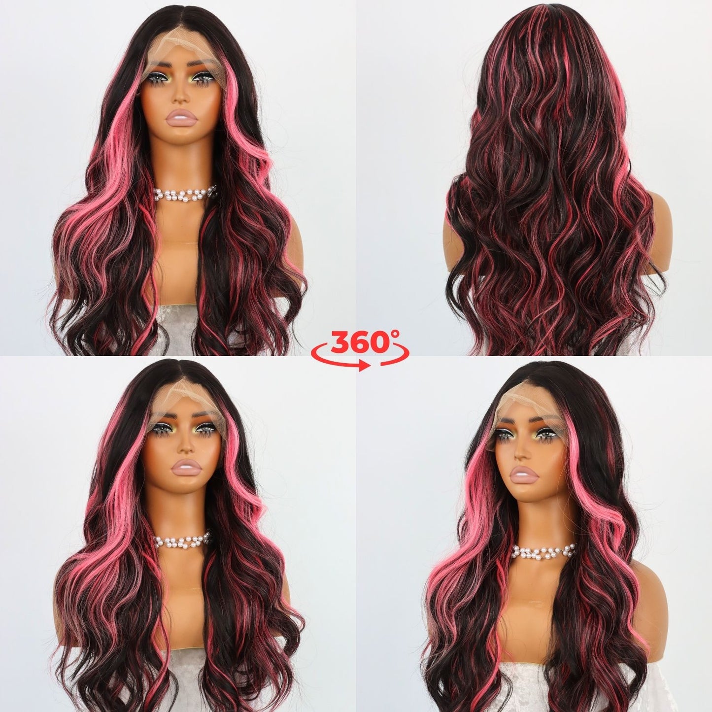 Pink Highlight Black Lace Front Wig Long Loose Wavy Synthetic Wig Heat-Resistant Pre-Plucked Hairline 13x4 HD Transparent Free Part 24" for Party Daily Use