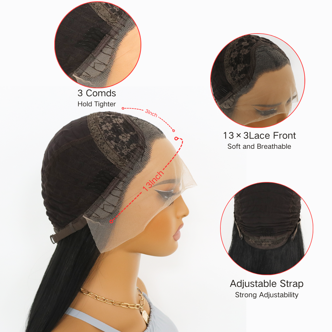 Black Long Straight Synthetic Wig Lace Front Wigs Natural Hairline Heat-resistant Fiber Wig For Daily Party Use (24Inch)