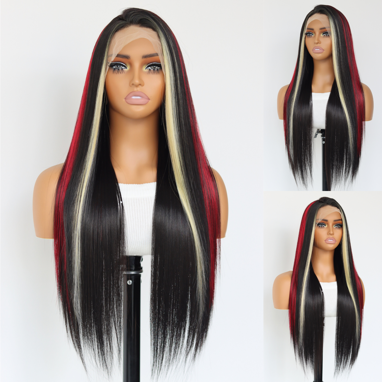 Skunk Stripes Red And Blonde Highlights Wig Black With Red Skunk Stripe Synthetic Heat-resistant Fiber Wig 13x4 Lace Front Wigs for Women Pre Plucked with Baby Hair 24 Inches