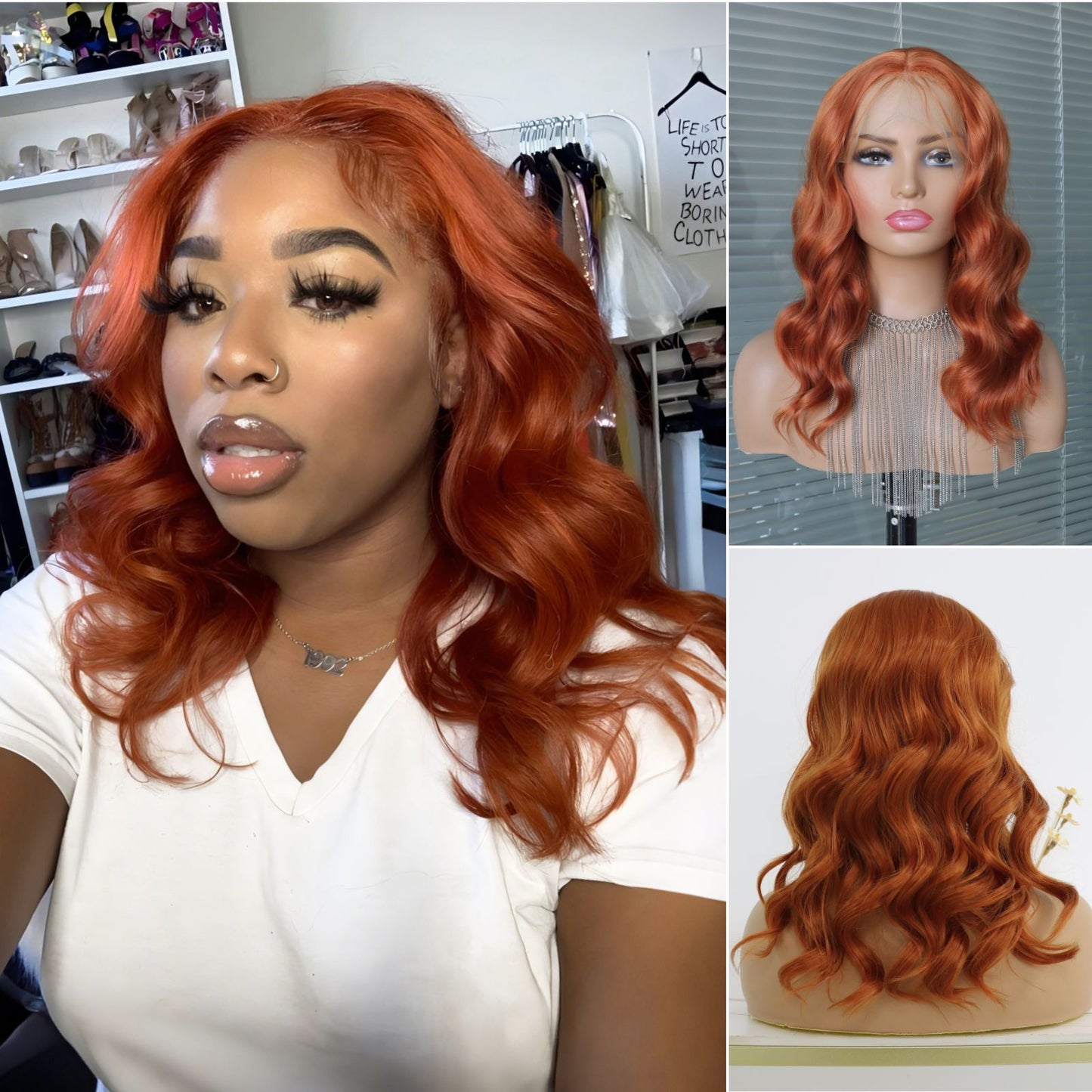 Ginger Orange Short Wave Bob Style Lace Front Synthetic Wig 13x4 for Party Daily Use 14 Inch