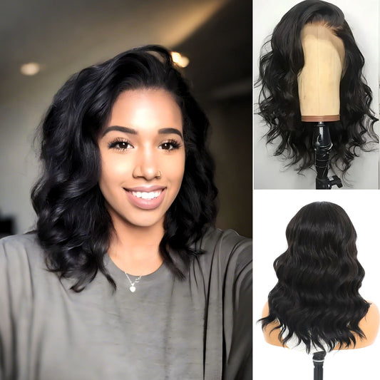 Black Short Wavy Synthetic Lace Front Wig Bob Style 13x4 for Party Everyday Use 14 Inch