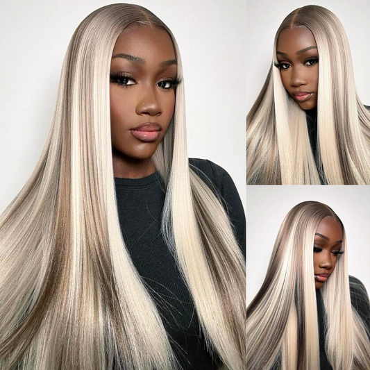Ombre Brown Stripe Synthetic Wig Long Highlight Ash Blonde Wig 13×4 Lace Front Wigs Ombre Brown Mixed Blonde Glueless Wigs Comfortable Breathable Mesh Cap For Black Women(24Inch)