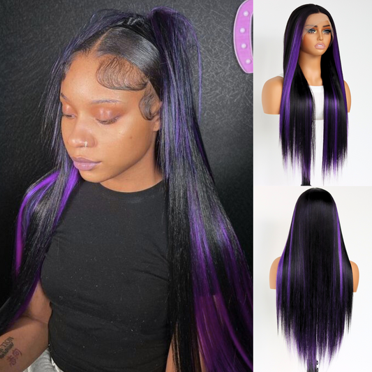 Purple Highlights Synthetic Wig Purple Skunk Stripes 13×4 Lace Front Wigs Pre Plucked Glueless Heat-resistant Fiber Suitable For Black Women Daily Party Wear(24Inch)