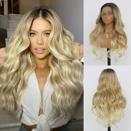 Ombre Blonde Wavy Wig 24 Inch Blonde Curly Wave Synthetic Wig Pre Plucked Heat Resistant Fiber Wig for Daily Party Use