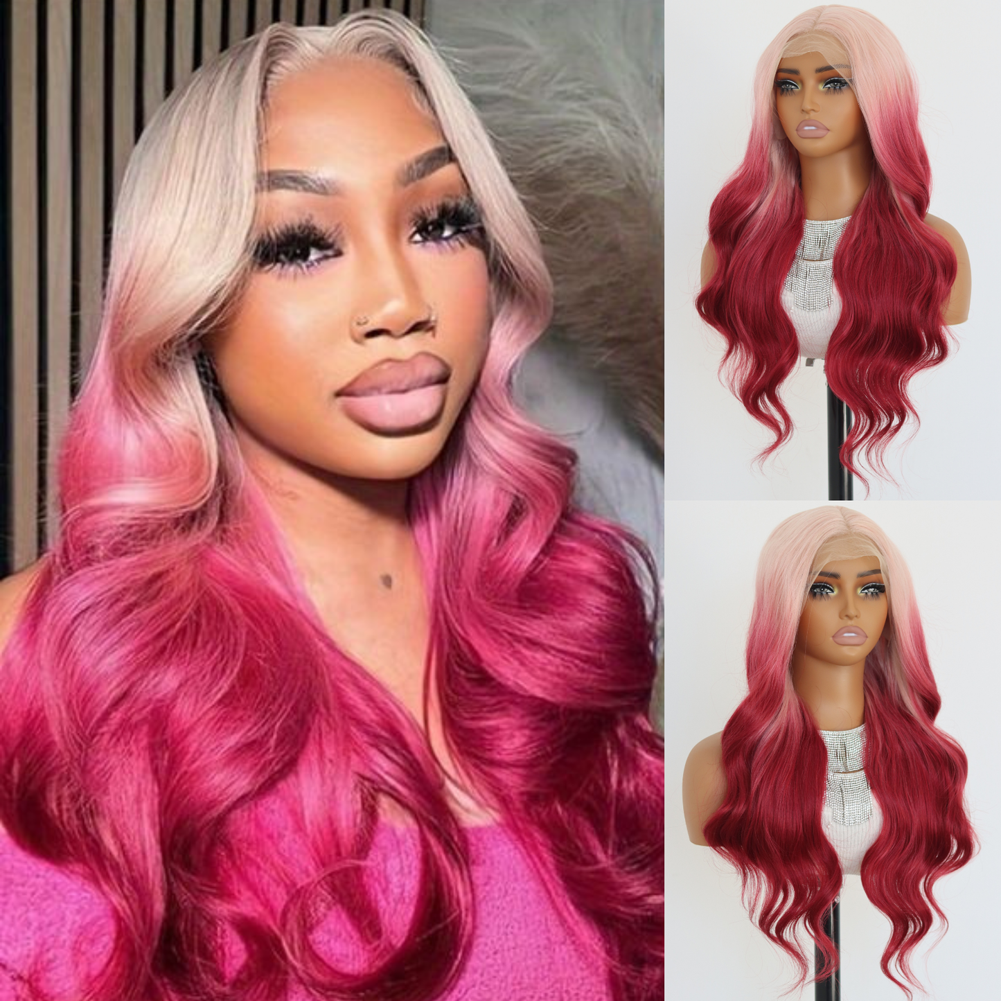 Ombre Pink Lace Front Wigs Long Body Wave Synthetic Wig Ombre Pink Wavy Synthetic Wigs with Light Blonde Roots For Women's Daily Party Wear(24Inch)
