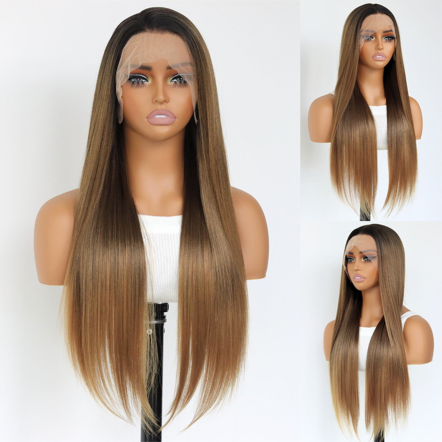 Ombre Brown Long Straight Synthetic Wig 13×4 Lace Front Wig Ombre Brown Glueless Heat-resistant Synthetic Wig Suitable For Daily Party Wedding Dates(24Inch)