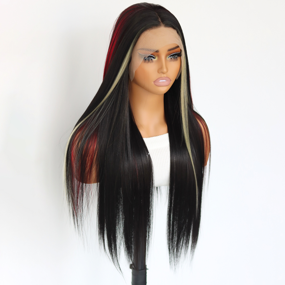 Skunk Stripes Red And Blonde Highlights Wig Black With Red Skunk Stripe Synthetic Heat-resistant Fiber Wig 13x4 Lace Front Wigs for Women Pre Plucked with Baby Hair 24 Inches