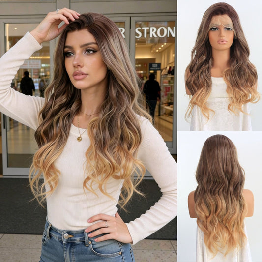 Champagne Gold Ombre Reddish Brown Lace Front Wig with Dark Roots Heat-Resistant Pre-Plucked Hairline 13x4 Free Part HD Transparent 24" for Party Daily Use