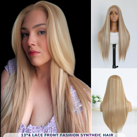 Highlight Blonde Mixed Brown Straight Synthetic Lace Front Wig 13x4 Daily Use 26 Inches
