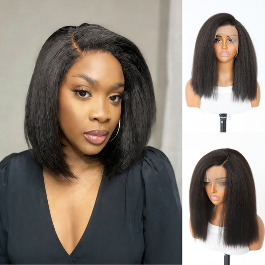 14 Inch Short Yaki Kinky Straight Lace Front Wig Dark Brown Heat-Resistant Synthetic Fiber HD Transparent Lace with 5" Deep Side Part