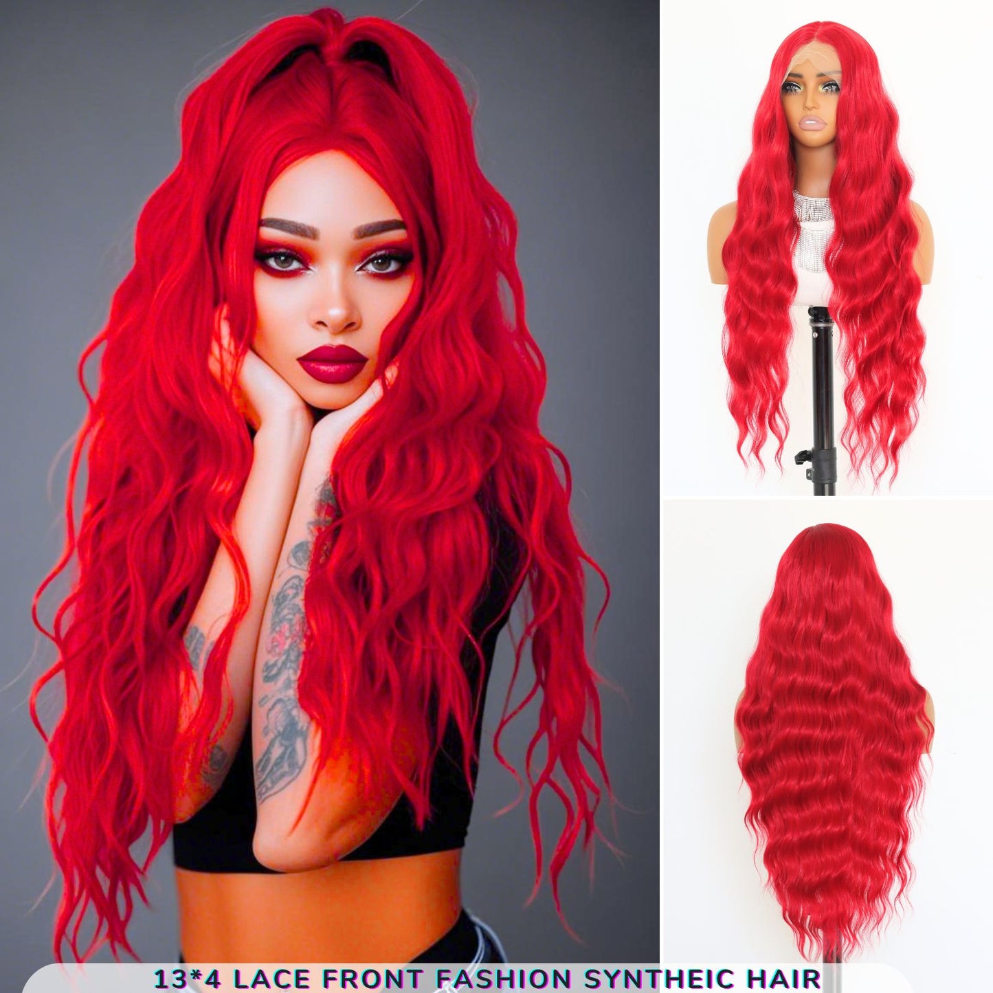 Red Body Wave Ponytail Synthetic Lace Front Wig 13x4 for Cosplay Halloween Use 32 Inch