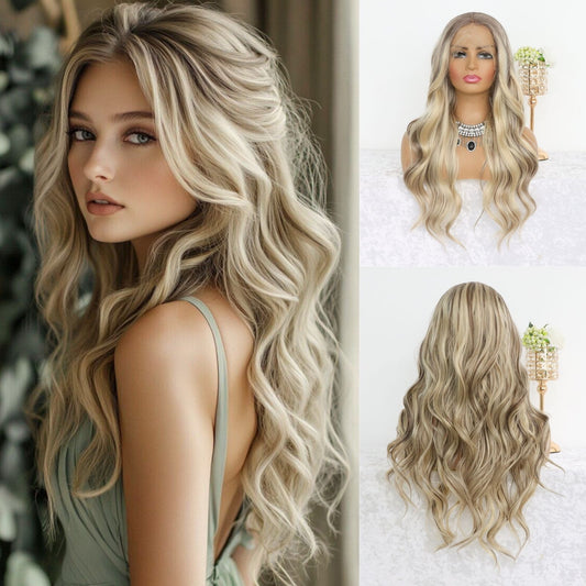 Ash Blonde Ombre Highlight Wavy Synthetic Lace Front Wig, Heat Resistant Fiber, 13x4 Free Part, Pre-Plucked Hairline Natural Look 24-Inch