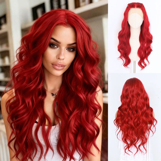 Red Body Wave Lace Front Synthetic Wig 13x4 Heat-Resistant Pre-Plucked Hairline with Free Part 24" Beginner-Friendly for Parties & Cosplay Use