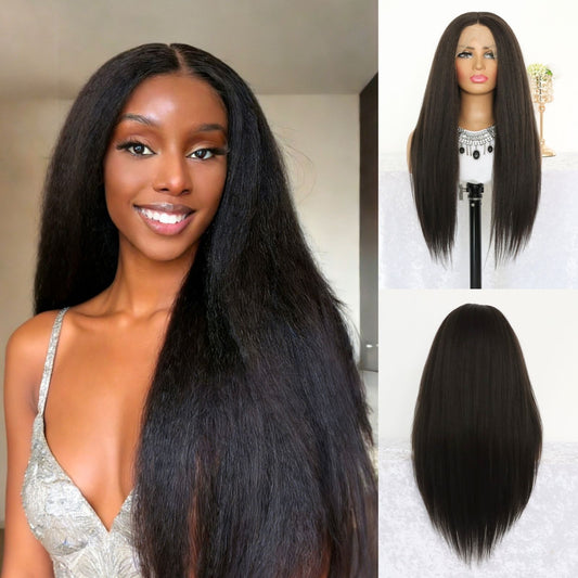 Long Yaki Straight Synthetic Lace Front Wig 13x4, 24" Black Heat-Resistant Fiber, Free Part, Natural Look