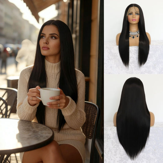 Silky Long Straight Black Synthetic Lace Front Wig with Free Part Pre Plucked 13X4 Heat Friendly 24 Inches