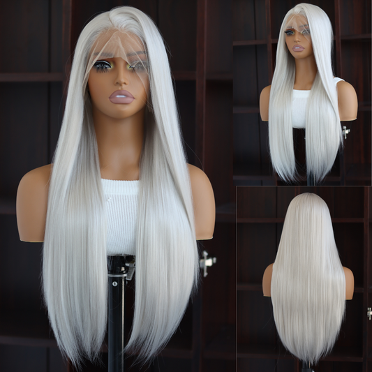 White Long Straight Wigs Platinum White Synthetic Wig 13×4 Lace Front Wigs Pre Plucked Natural Hairline Heat-Resistant Fiber Wig For Women(24Inch)