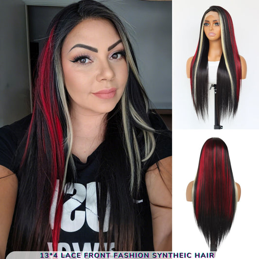 Highlight Red Blonde Black Mixed Straight Synthetic Lace Front Wig 13X4 Party Daily Use 26 Inches