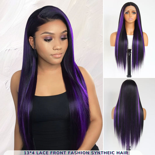 Highlight Purple Black Straight Synthetic Lace Front Wig 13X4 Party Daily Use 26 Inches