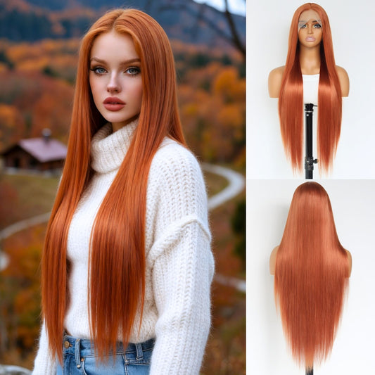 Copper Orange Straight Synthetic Lace Front Wig Ginger Orange Heat Resistant Pre Plucked Free Part 13x4 Party Daily Use 32 Inches