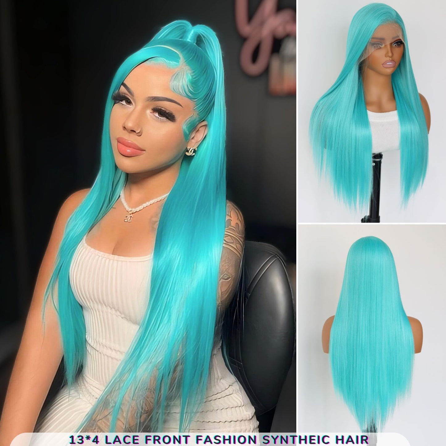 Mint Blue Straight Synthetic Lace Front Wig 13x4 for Party Halloween Use 26 Inches