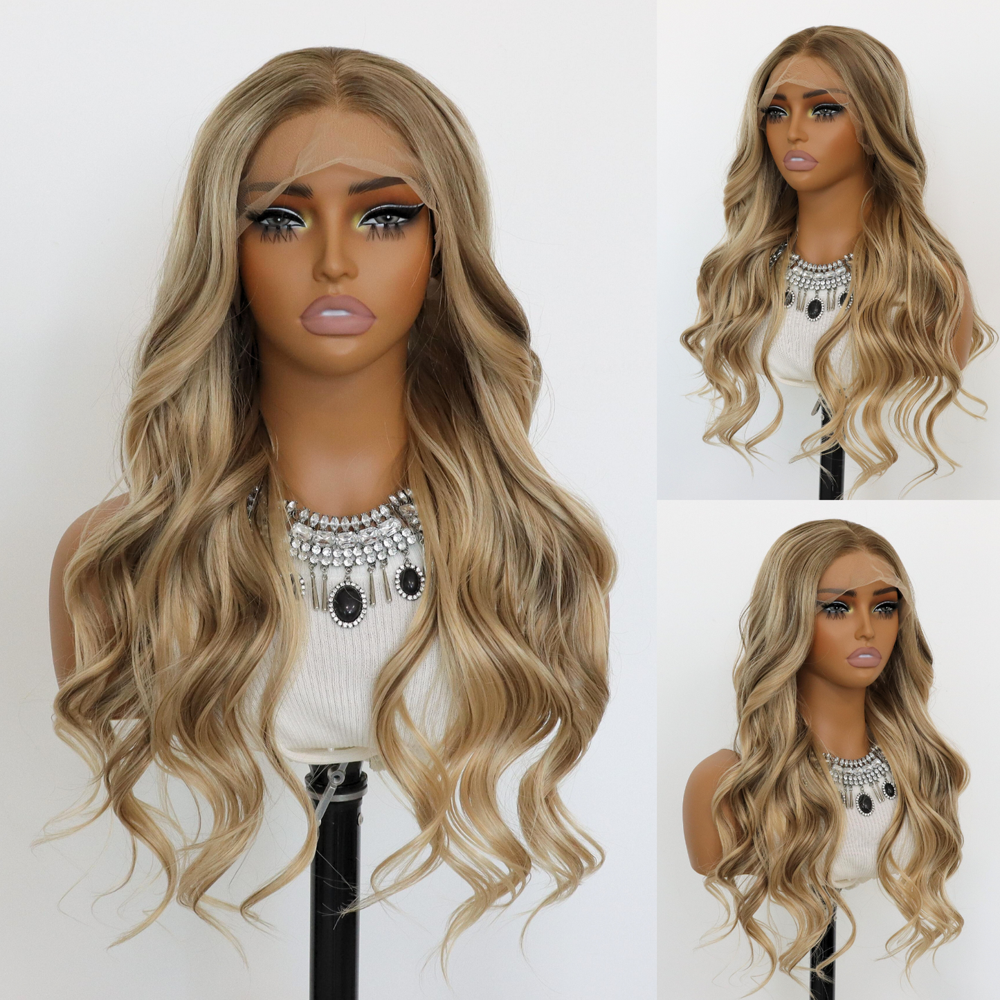 Ombre Blonde Wavy Wig 13×4 Lace Front Wigs Skunk Stripes Wave Blonde Synthetic Wig Heat-resistant Fibre Wig For Daily party Use（24Inch）