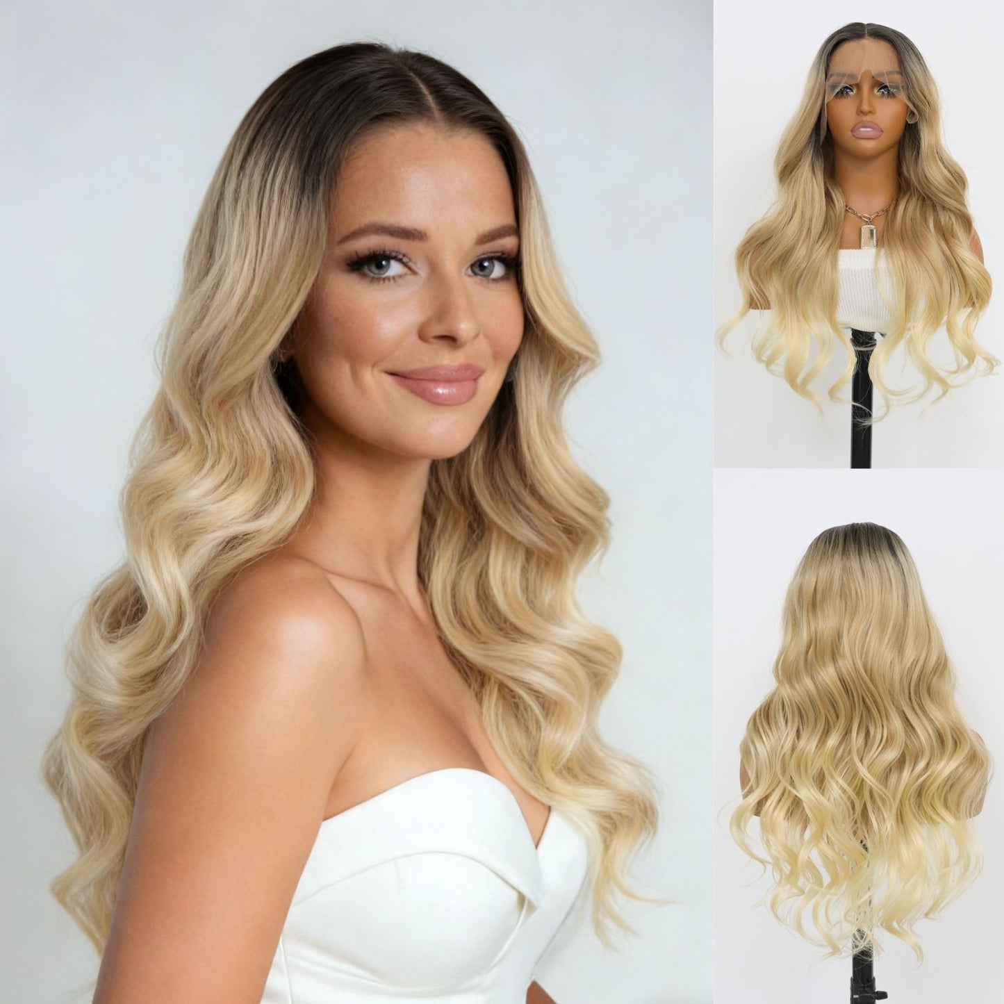 Two-Tone Ombre Lace Front Wig Long Wavy Dark Roots to Blonde Gradient Heat-Resistant Synthetic Hair with Natural Hairline 13x4 Free Part for Daily Use 24"