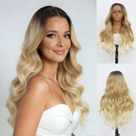 Two-Tone Ombre Lace Front Wig Long Wavy Dark Roots to Blonde Gradient Heat-Resistant Synthetic Hair with Natural Hairline 13x4 Free Part for Daily Use 24"