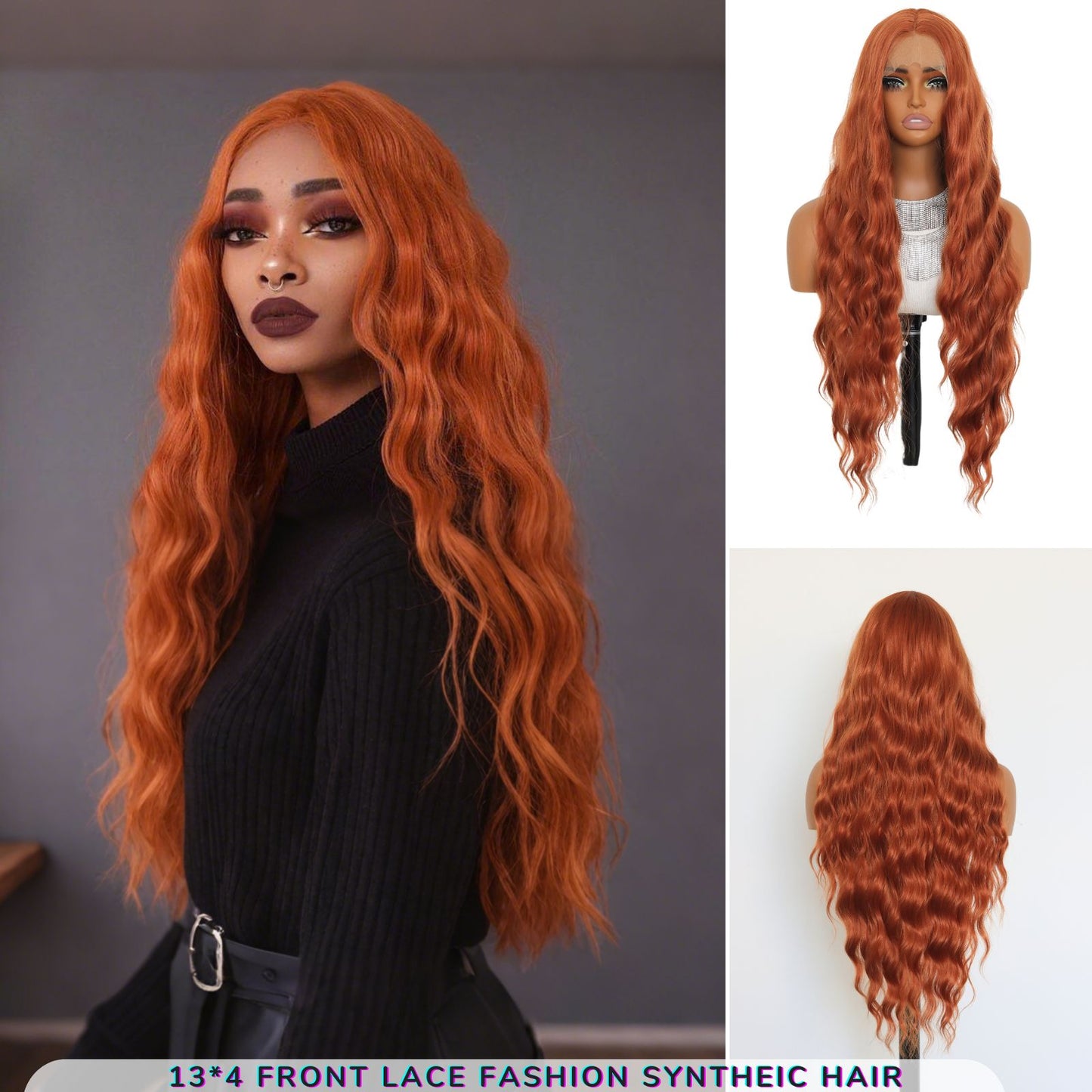 Ginger Orange Body Wave Synthetic Lace Front Wig 13x4 for Cosplay Halloween Use 32 Inch