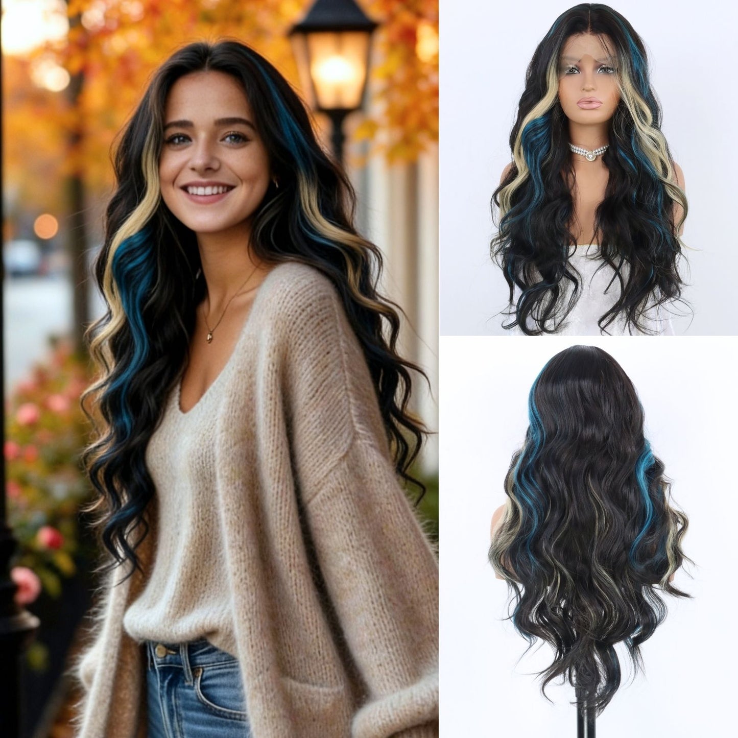 Blue & Blonde Highlights Black Body Wavy Synthetic Lace Front Wig Heat Resistant Pre Plucked 13x4 Party Daily Use 24 Inches
