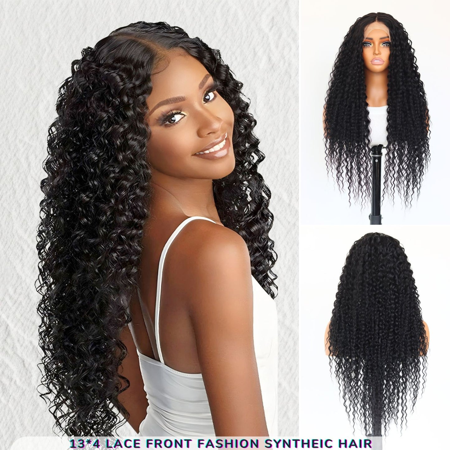 Black Curly Wavy Synthetic Lace Front Wigs 13x4 Daily Use 28 Inches
