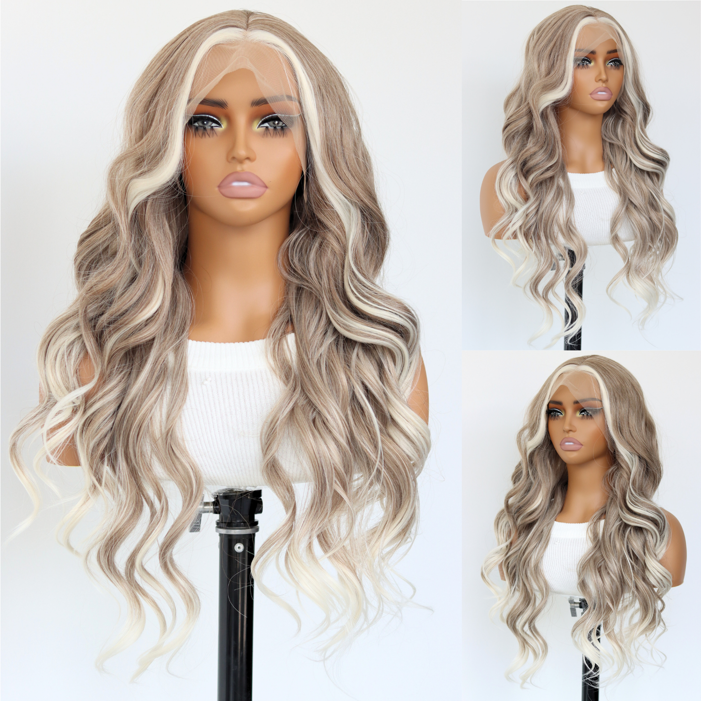 Ombre Blonde Wavy Synthetic Wig 13×4 Lace Front White Skunk Stripes Wave Wig Heat-resistant Synthetic Wig For Black Women Daily Party Wear(24Inch)