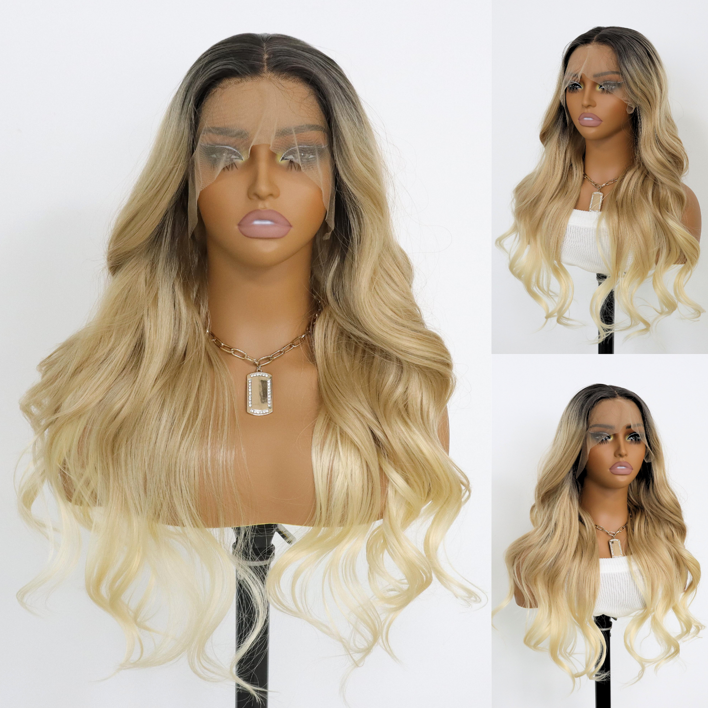 Ombre Blonde Wavy Wig 24 Inch Blonde Curly Wave Synthetic Wig Pre Plucked Heat Resistant Fiber Wig for Daily Party Use